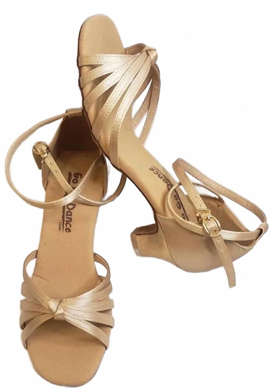 NEW GO GO DANCE women's paxtyn 1.3" thick heel latin sandal in light tan satin